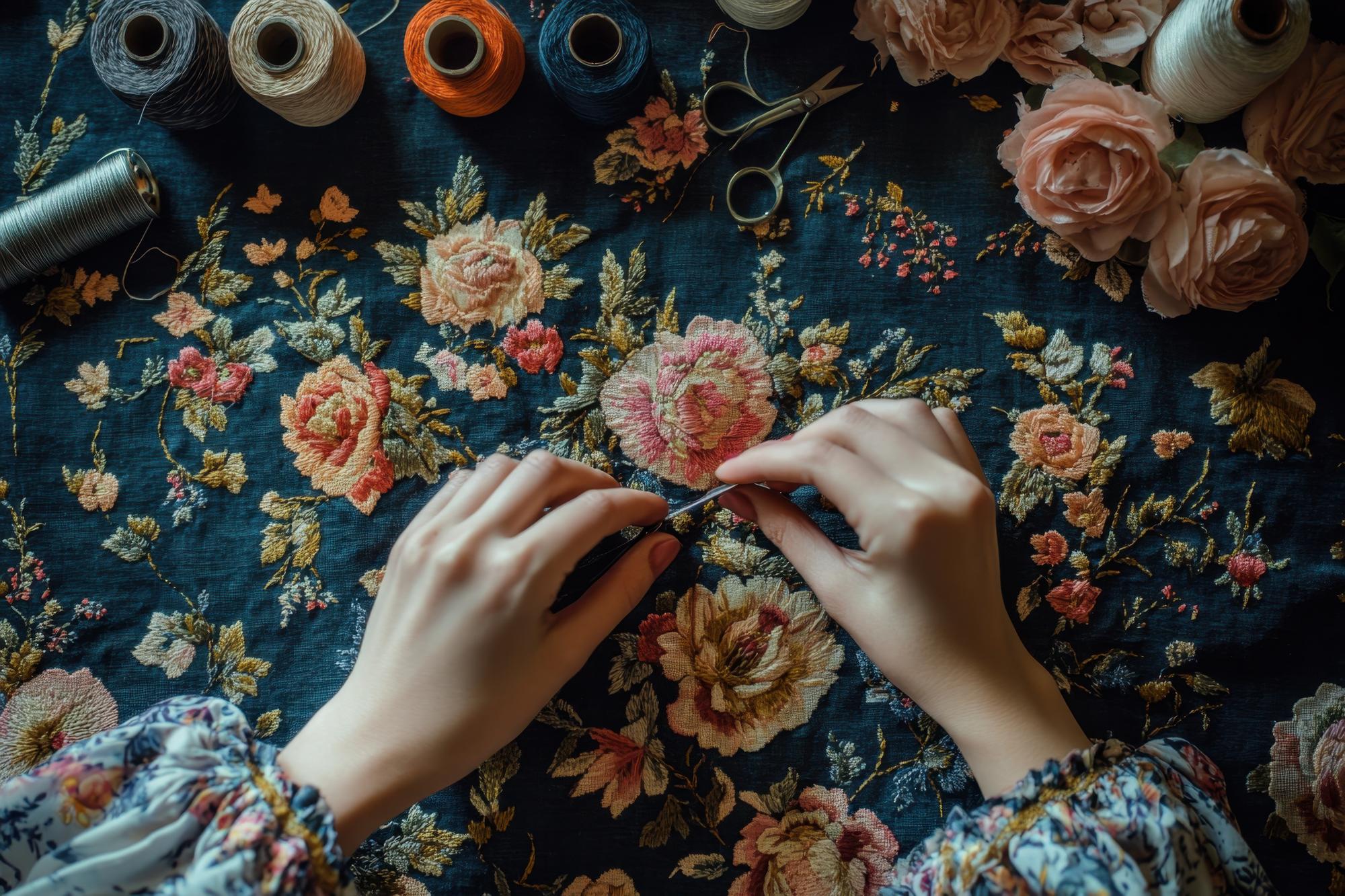 Craftswoman stitching floral embroidery in studio
