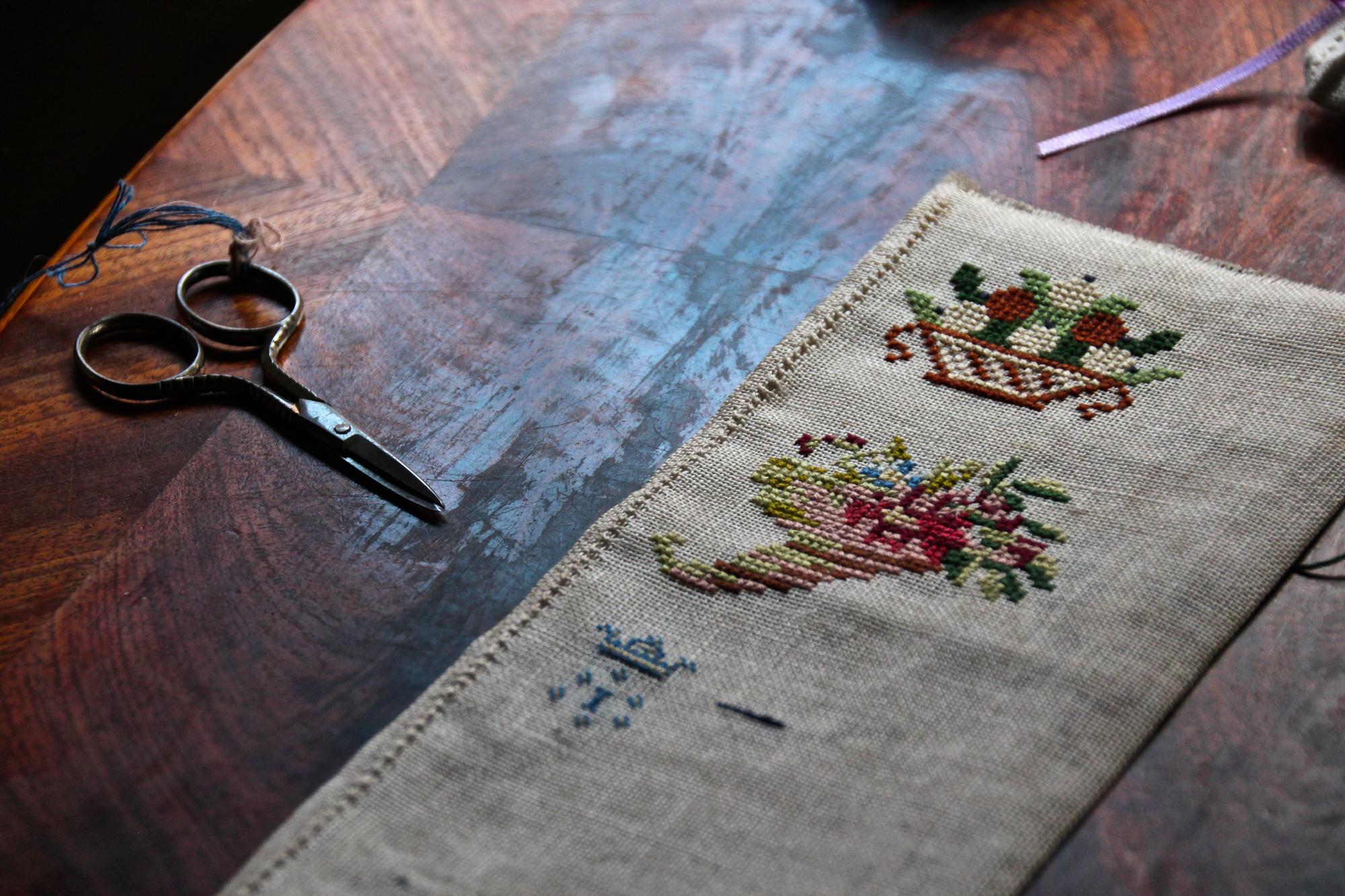 Studio embroidery on linen, close detail